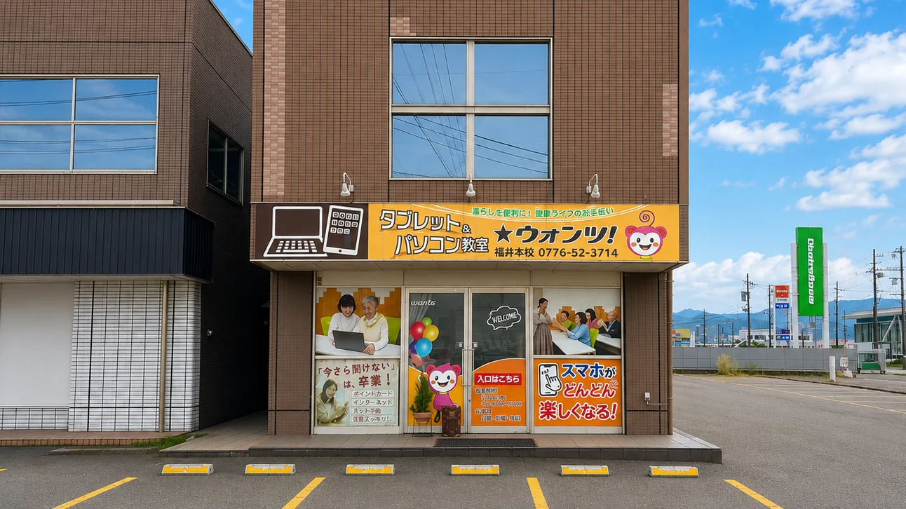 教材をつくっている福井本校の外観。オレンジ色の看板がある建物